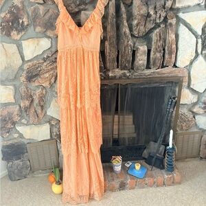 Tobi Peach Lace Ruffle Maxi Dress